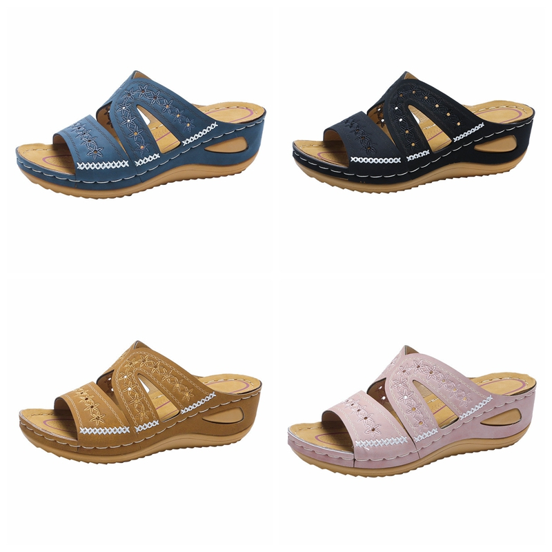 Peep-toe Wedge Heels รองเท้าแตะผู้หญิงรองเท้า PU ปัก