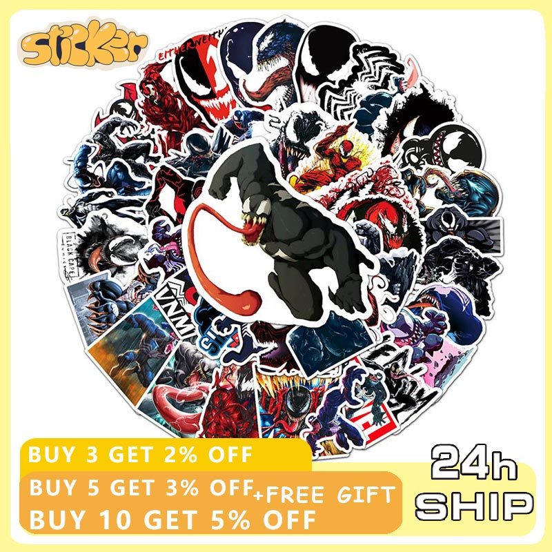 50pcs Marvel ภาพยนตร์ Venom สติกเกอร์กันน้ํา Graffiti Declas DIY เครื่องเขียนหมวกกันน็อคสติกเกอร์ของเล่นเด็ก