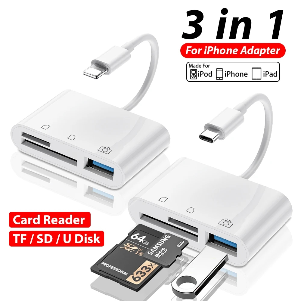 3 In 1 Multi Port Hub Converter Type-c Lig/ht/ning เป็นอะแดปเตอร์ USB A OTG TF SD การ์ดหน่วยความจําส