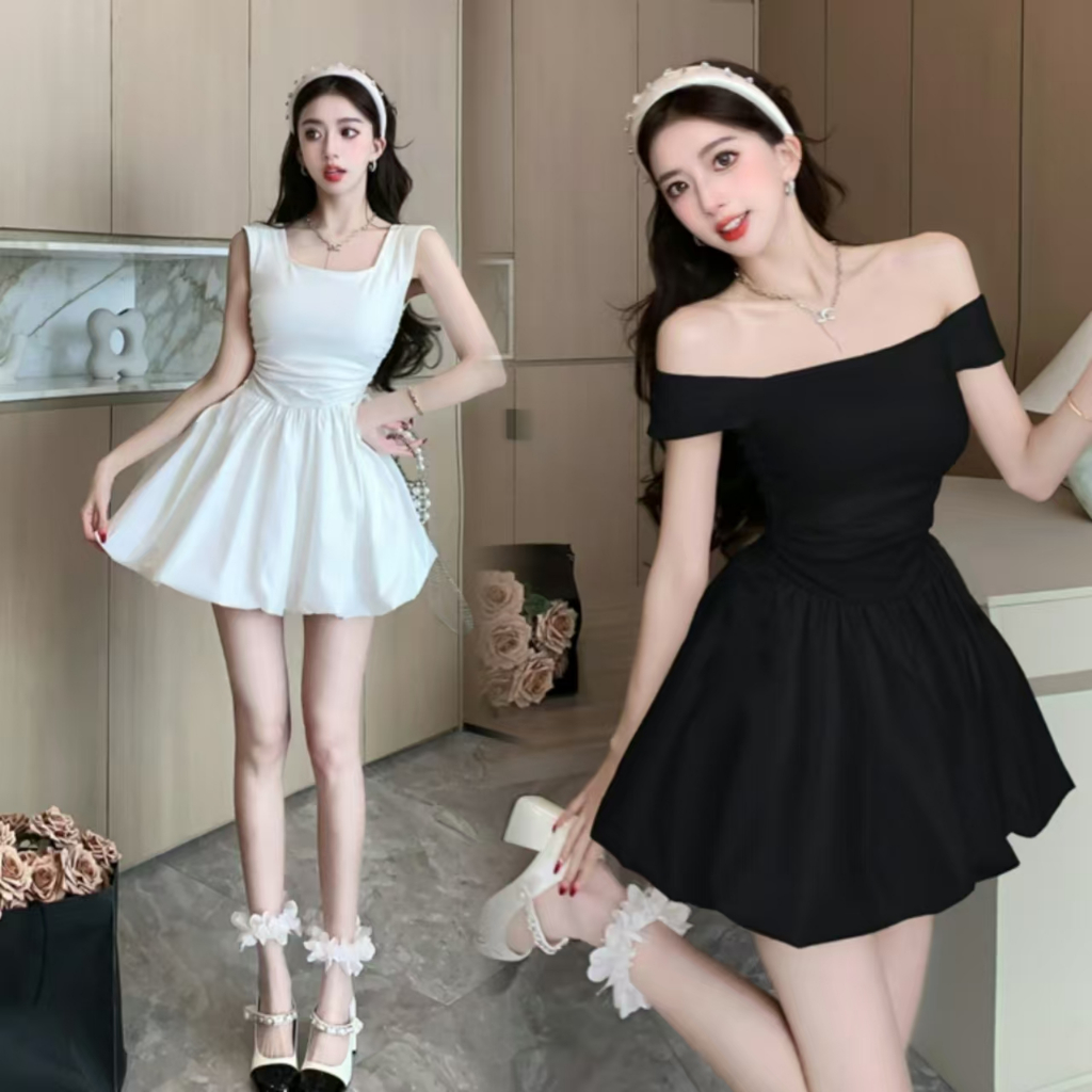 Luna Shop 🍒 ຊຸດເດຣສກະໂປງທູທູ (Tutu) ສີພື້ນ ສະໄຕລ໌ຝຣັ່ງ ຄໍສີ່ຫຼ່ຽມ ຕົວເຂົ້າຮູບເອວ (ຊຸມໄຫມ້/ລະດູຮ້ອນ)
