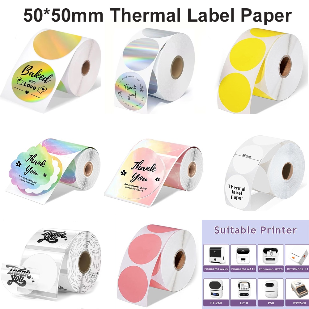 1 ม้วนรอบวงกลมกระดาษความร้อน 50x50 มม.ป้ายสติกเกอร์ธุรกิจขนาดเล็ก Self-Adhesive ป้ายกระดาษสําหรับ M110/M110S/M120/M200/M220