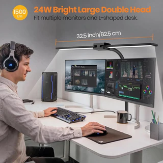 Powdeom โคมไฟตั้งโต๊ะ LED สองหัว 24W พร้อมโคมไฟตั้งโต๊ะหรี่แสงได้แบบคลิปสําหรับศึกษาในสํานักงาน 80CM