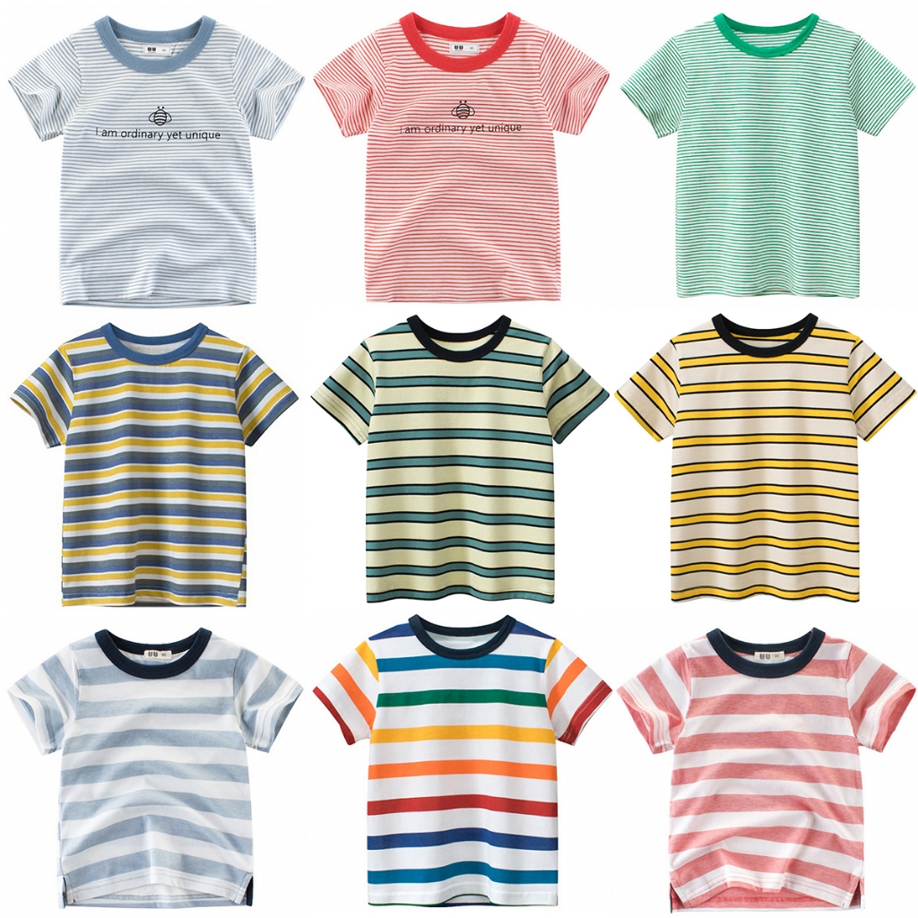 เสื้อยืดแขนสั้น ผ้าฝ้าย ลายทาง สีสันสดใส สําหรับเด็กผู้ชาย