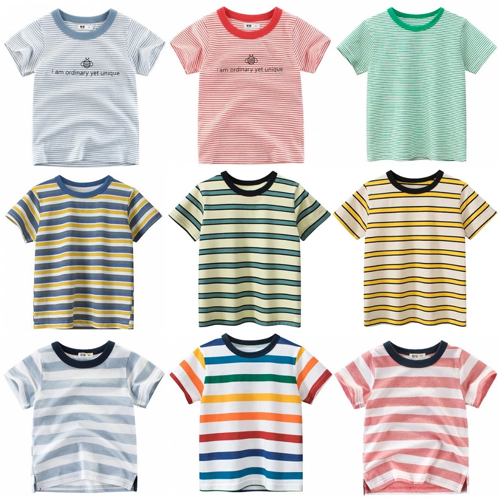 เสื้อยืดแขนสั้น ผ้าฝ้าย ลายทาง สีสันสดใส สําหรับเด็กผู้ชาย