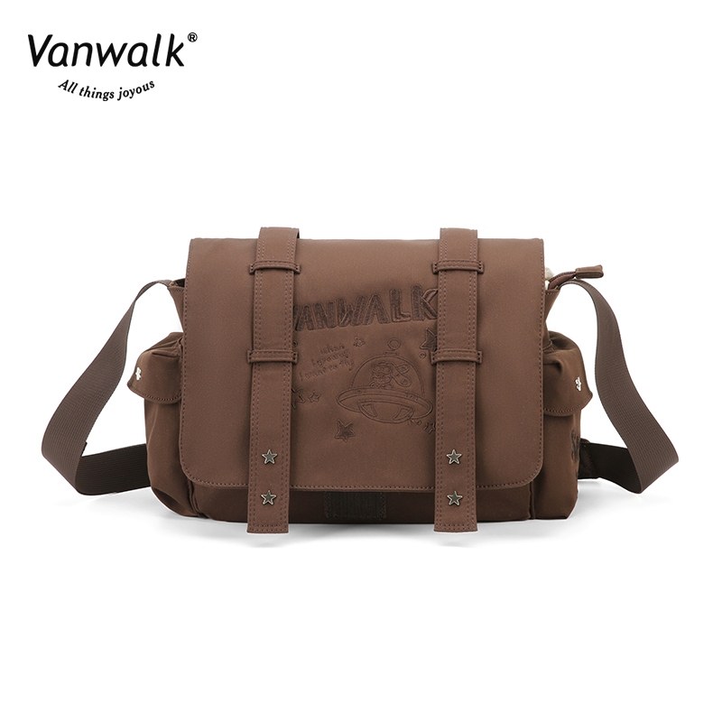 Vanwalk V2557 กระเป๋าสะพายข้างสาวย้อนยุคสไตล์อเมริกัน ins กระเป๋าสะพายนักเรียนความจุขนาดใหญ่อเนกประสงค์