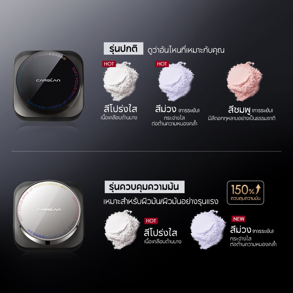 CARSLAN แป้งฝุ่น 1g Mini ตัวอย่างทดลองใช้ ควบคุมความมัน แป้งคุมมัน 24Hติดทนนาน เนื้อแมท แป้งฝุ่นประกาย เซ็ตเมคอัพ Loose Powder - รูปที่ 2