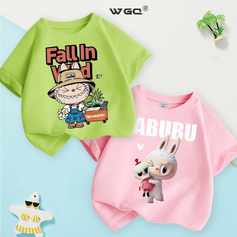 [110cm-160cm] WGQ เสื้อยืดแขนสั้น Labubu พิมพ์ลาย แฟชั่นฤดูร้อน เด็กชายแขนสั้น สาวแขนสั้น