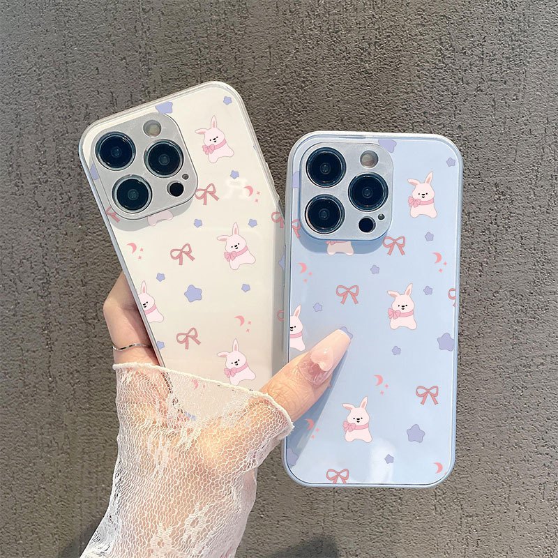 เหมาะสําหรับ IP15 PRO MAX IP11 PRO IP7 IPXS MAX IP13 IP14PLUS ปมและกระต่าย, เคสโทรศัพท์โปร่งใส, เคสโทรศัพท์กระจก