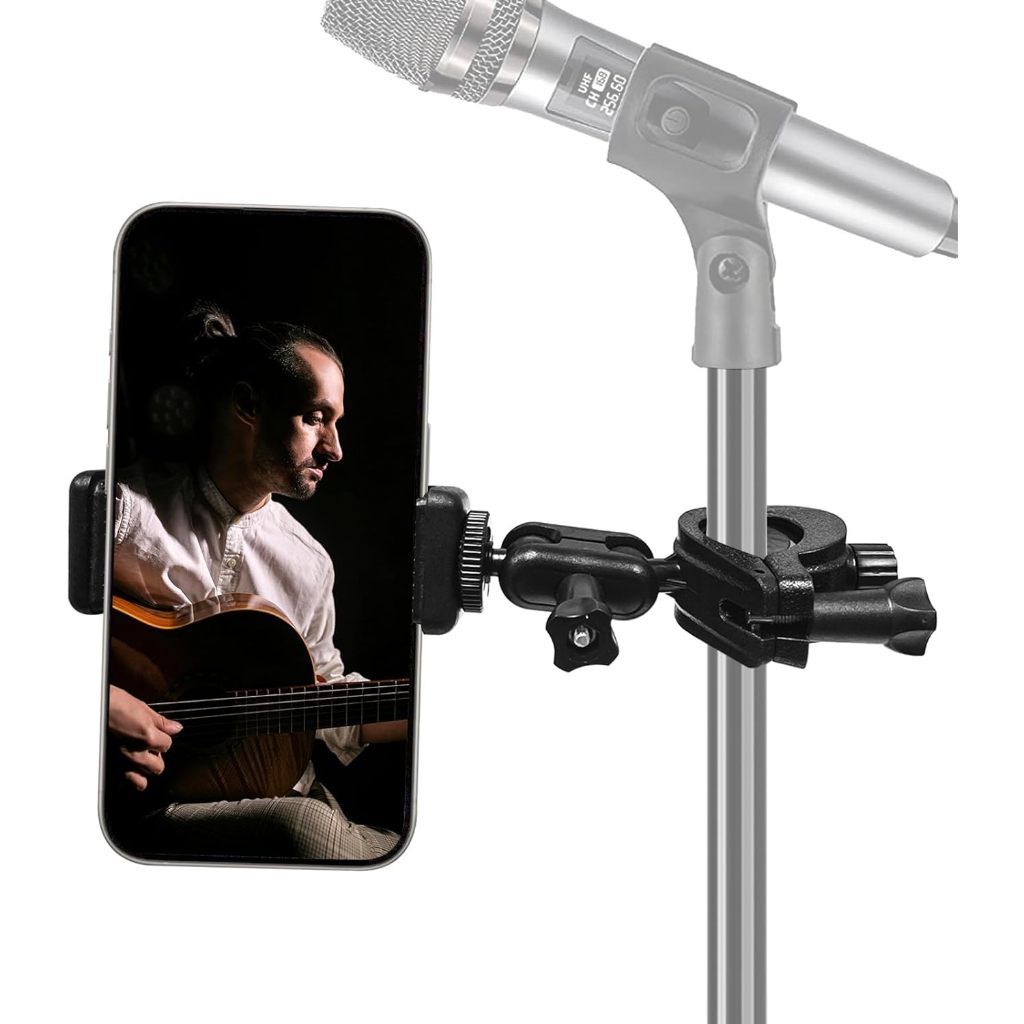 ที่วางโทรศัพท์ปรับได้ หมุน 360° [Dual Ballhead] สําหรับขาตั้งไมค์และขาตั้งเพลง รองรับโทรศัพท์ 3.5-6 นิ้ว