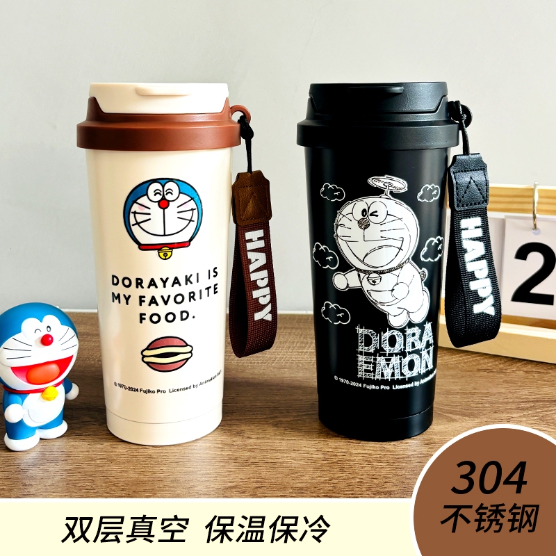 ถ้วยกาแฟโดเรม่อน กระติกน้ําสูญญากาศสแตนเลส 304 ถ้วยเหล็กถ้วยน้ําโดราเอมอนขวดน้ําเด็กนักเรียนกระติกน้ําสูญญากาศที่มาพร้อมกับถ้วยป้องกันสิ่งแวดล้อมสาวมูลค่าสูงน่ารักดื่มคู่วา