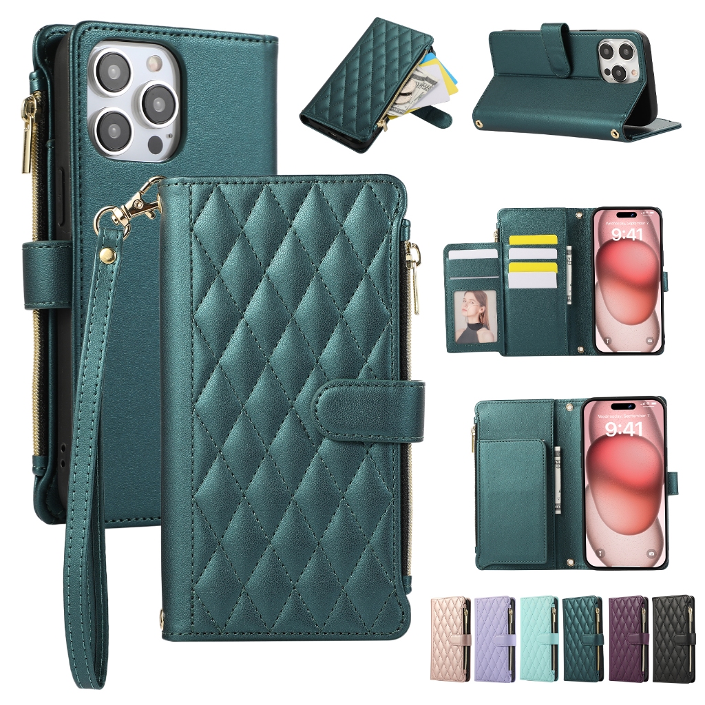 Casing For iPhone 16 15 14 Plus 13 Pro Max 13 Mini wallet Flip case with card premium zipper ปกหนัง