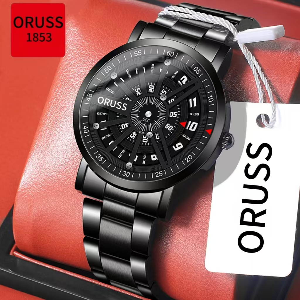 ORUSS รัส ต้นฉบับผู้ชายที่ไม่ซ้ํากันแนวคิดใหม่สแตนเลส/หนังกันน้ําหรูหราสีดํานาฬิกาเวอร์ชั่นเกาหลีแฟช