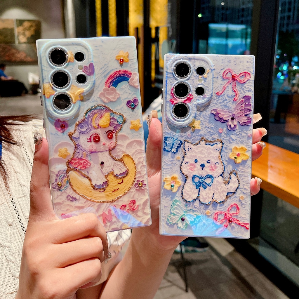 การ์ตูน น่ารัก ยูนิคอร์น ลูกสุนัข เคส Samsung Galaxy S25 Ultra S24 Ultra S23 Ultra S23 S24 S25 Plus + S22Ultra Case มาพร้อมฟิล์มเลนส์ บลูเรย์ พลอยเทียม เคสโทรศัพท์มือถือซัมซุง