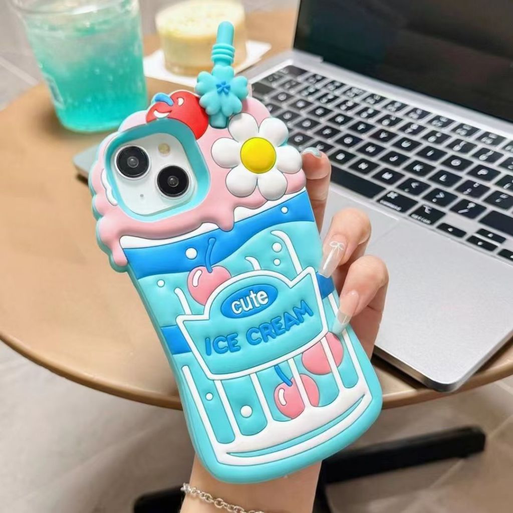 สําหรับ Iphone 11 12 13 14 15 Pro max ฤดูร้อนมิลค์เชค 3D ซิลิโคนอ่อนนุ่มเคสโทรศัพท์ฝาครอบ