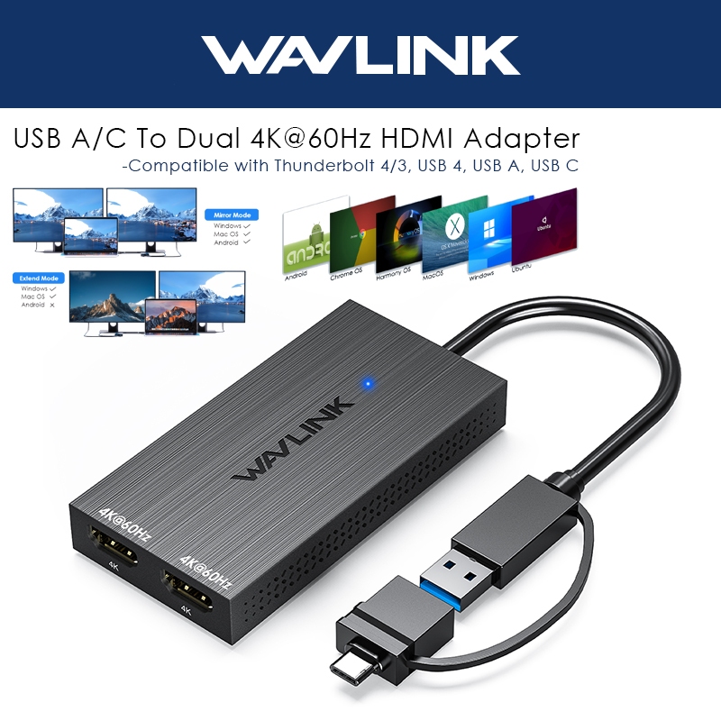 Wavlink USB A/USB C เป็นอะแดปเตอร์ HDMI คู่ DisplayLink Dual 4K @ 60Hz HDMI Converter Hub สําหรับ Wi