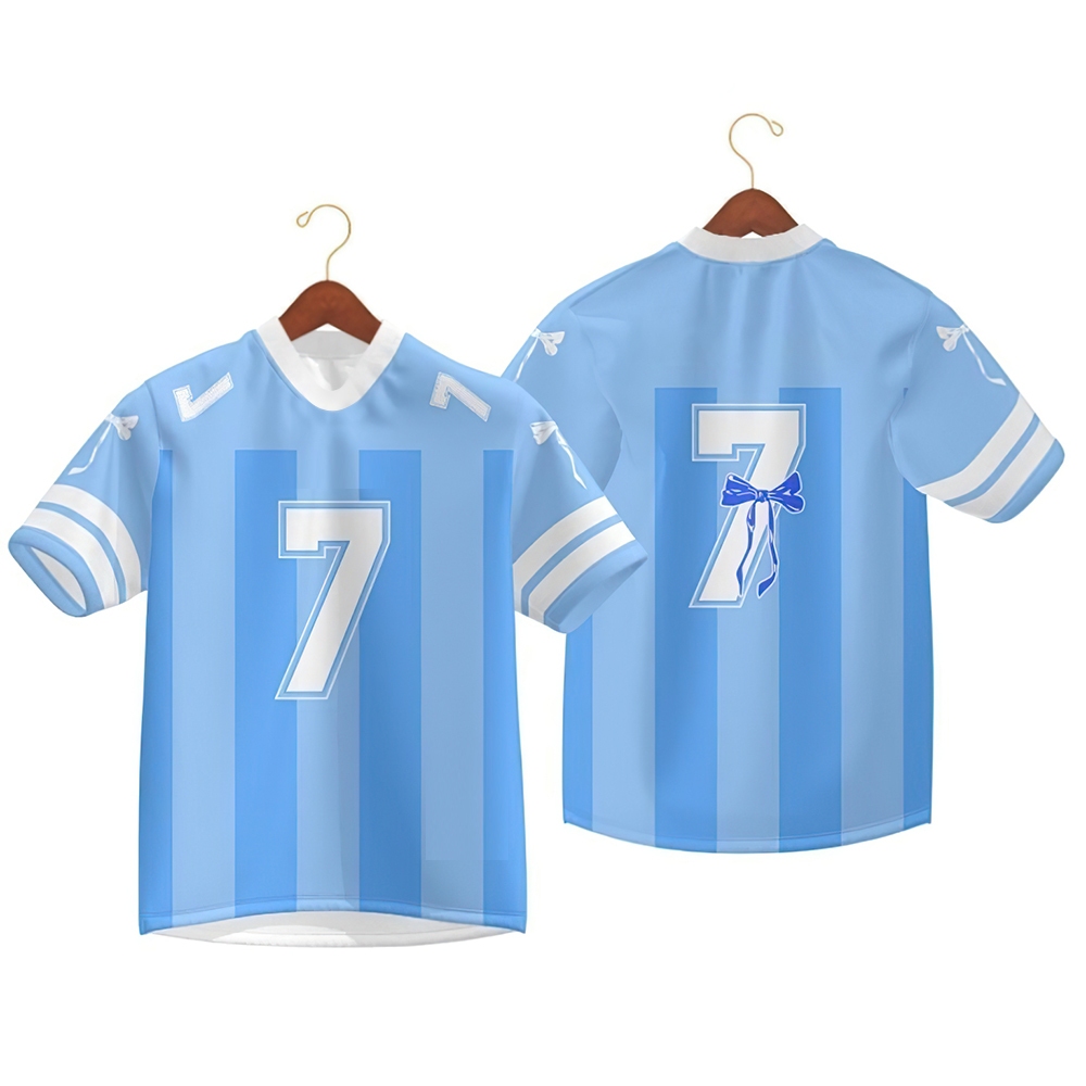 เสื้อยืดเด็ก สไตล์เกาหลี เลขที่.7 โบว์พิมพ์เสื้อยืดเด็กฟุตบอลชุดกีฬาเสื้อชายหญิงท็อปส์เด็กทารกแม่แนวโน้มร้อน2024[ขนาด90-150]