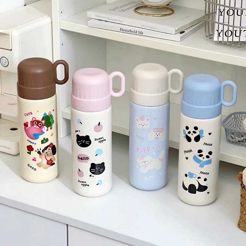 500ml แฟชั่นการ์ตูนสแตนเลส 316 กระติกน้ําหลอดแบบพกพาสาวนักเรียนขวดความร้อน Travel Tumbler