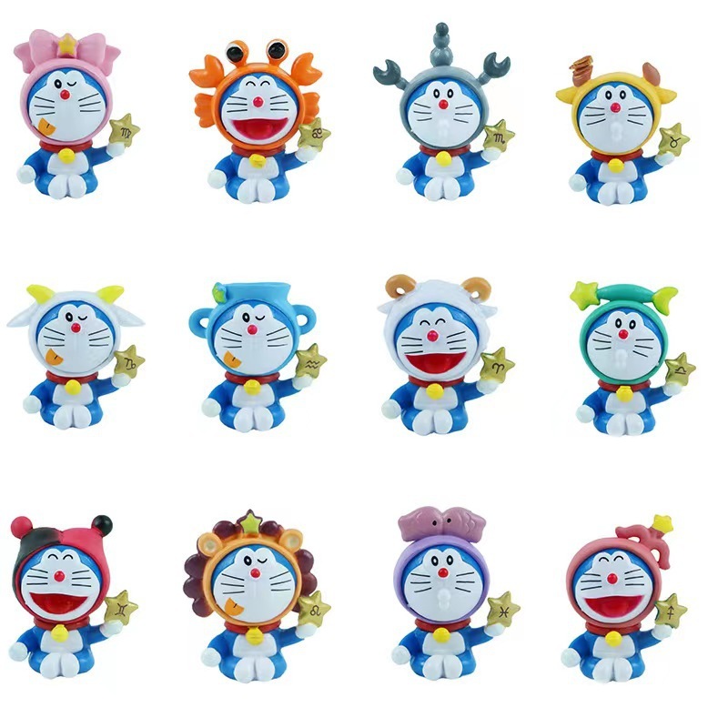 12 ชิ้น/เซ็ต 4-5 ซม.อะนิเมะโดราเอมอนรูปหุ่นยนต์แมวสิบสองกลุ่มดาว Kawaii การ์ตูนรุ่น Q ตกแต่ง PVC ตัวเลขการกระทําตุ๊กตาของเล่น