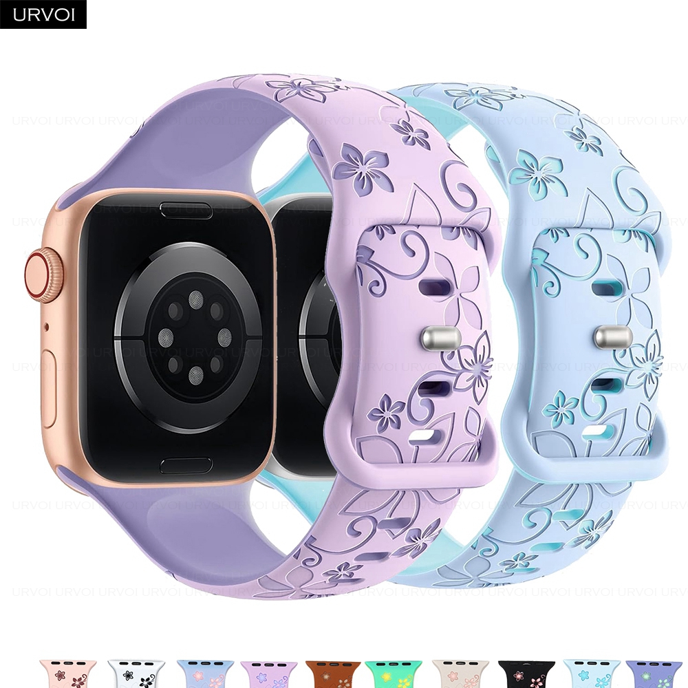 Urvoi Band สําหรับ Apple Watch Series10 9 876 SE 54 สายซิลิโคนสําหรับ iWatch สายรัดข้อมือดอกไม้เรดบัด หัวเข็มขัดพินผีเสื้อ