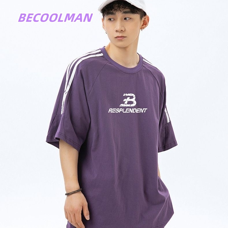 BECOOLMAN -สีตัดกัน แถบ การออกแบบ ไหล่ เสื้อยืด แขนสั้น ชาย ฤดูร้อน รุ่นใหม่ แบบหลวม แตก พิมพ์ลาย