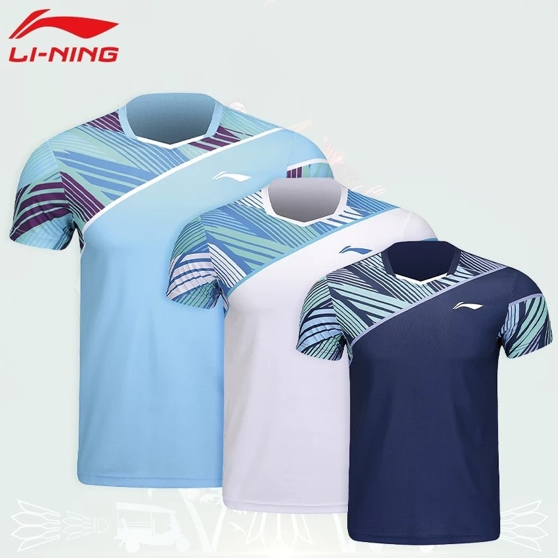 LI NING เสื้อแฟชั่น ใหม่ ลี้ และ เสื้อแบดมินตันพร้อมตาข่ายดูดซับเหงื่อแขนสั้นสําหรับวิ่งทุกวันการฝึกอบรมฟิตเนสและเสื้อกีฬาสําหรับผู้ชายและผ