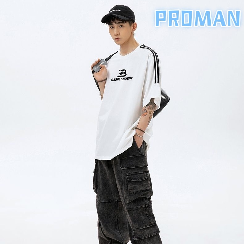 PROMAN-แบรนด์ยอดนิยม แบรนด์ยอดนิยม พิมพ์ลาย ตัวอักษรแขนสั้นเสื้อยืดชายฤดูร้อน แฟชั่น ผลิตภัณฑ์เดี่ยว
