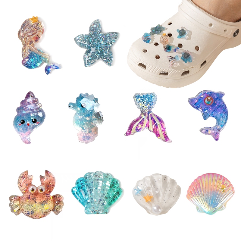 Ocean Series Mermaid Shell Croc Jibz รองเท้า Charm DIY ปลาดาวเรซิ่นรองเท้าอุปกรณ์เสริม DIY เคสโทรศัพท์ Handmade รองเท้าตกแต่งรองเท้าหัวเข็มขัดดอกไม้ผู้หญิงเด็กของขวัญ