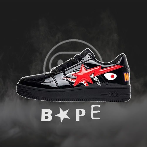 BAPE STA Ortholite รองเท้าบอร์ดลําลองทรงเตี้ยสีดําสีแดง