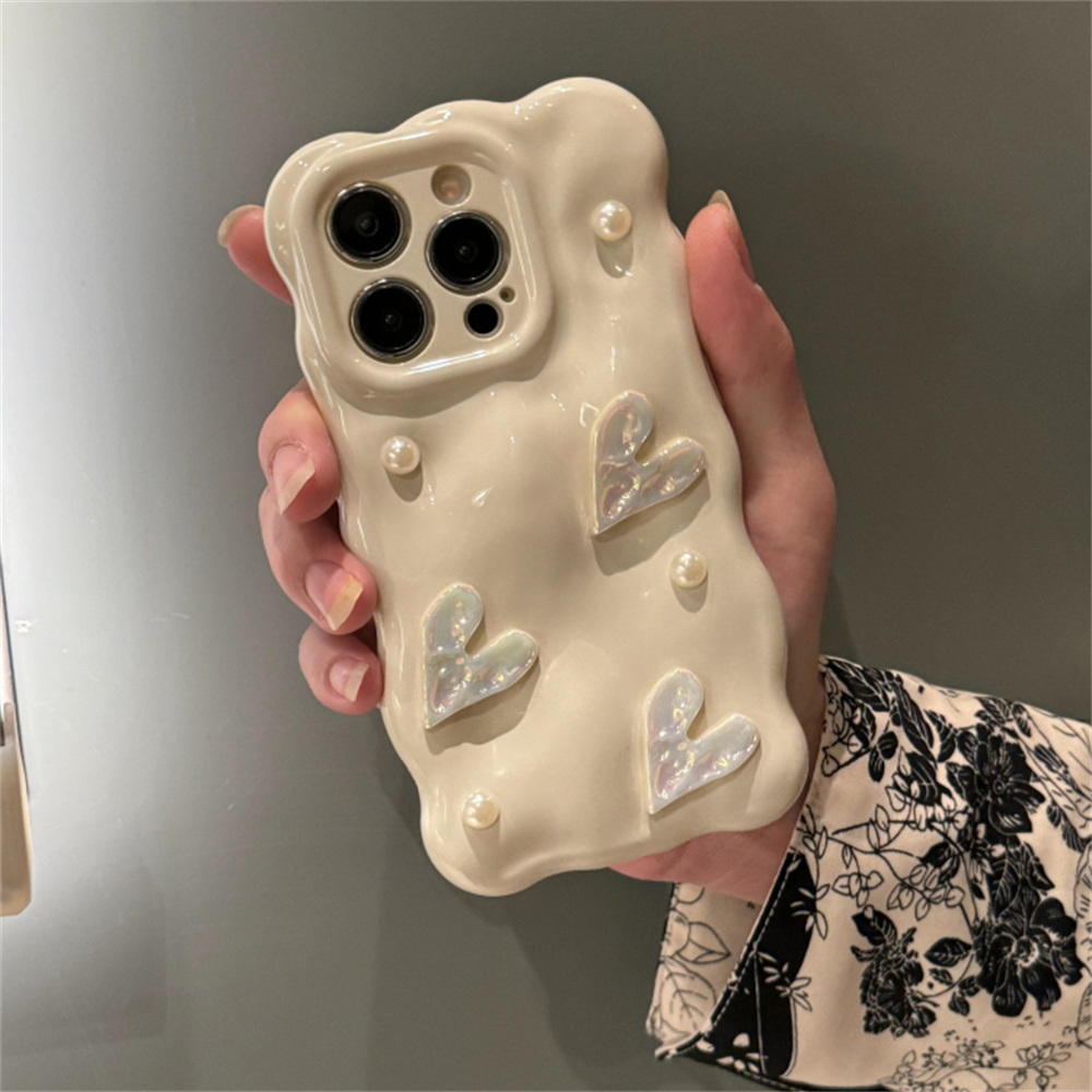 น่ารักหรูหรา 3D เลเซอร์ Love Heart Pearl Bubble Wave รูปแบบเคสโทรศัพท์สําหรับ iPhone 15 14 13 12 Pro Max 11 กันกระแทกปกหลัง