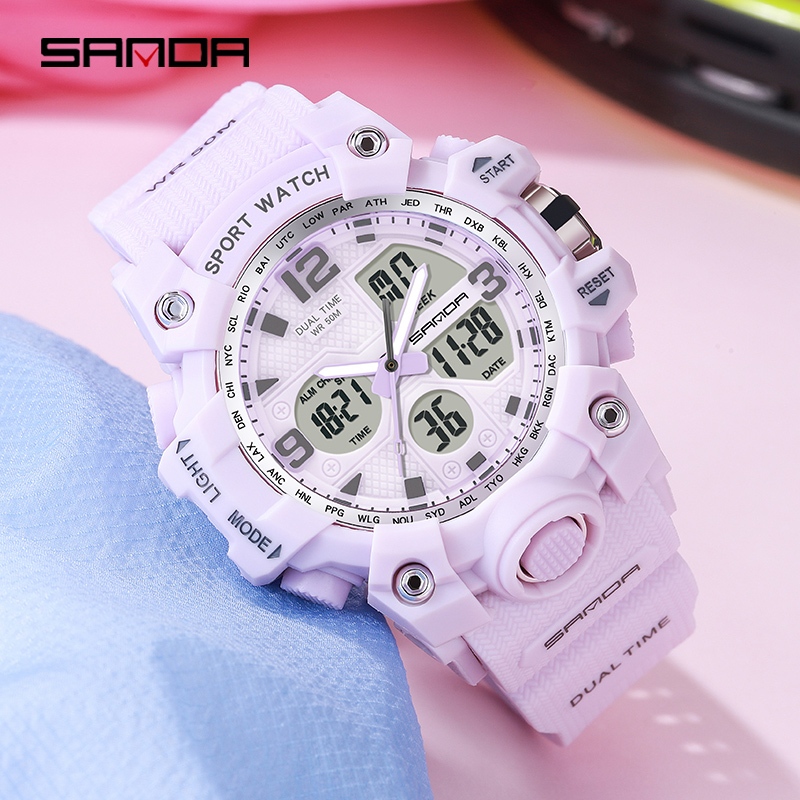 Sanda 942/in stock นาฬิกา sanda กันน้ําสําหรับ unisex แฟชั่นกีฬาจอแสดงผลคู่นาฬิกานักเรียนมัลติฟังก์ชั่น