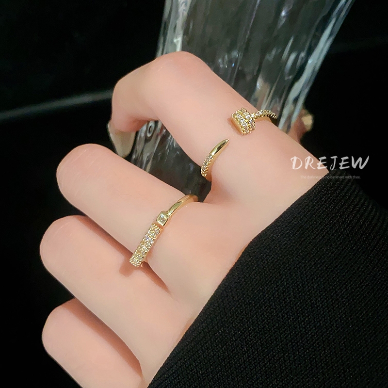 DREJEW ทอง 18k electroplated ออกแบบ zircon เล็บเปิดแหวนเกาหลี niche high-end แหวนอเนกประสงค์แหวนนิ้วชี้สําหรับผู้หญิง