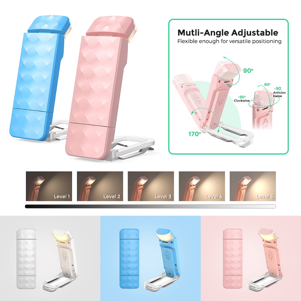 โคมไฟหนีบ LED โคมไฟอ่านหนังสือแบบพกพาพับได้ ชาร์จไฟได้ 3 สี โคมไฟตั้งโต๊ะถนอมสายตา หรี่แสงได้ ใช้สำหรับอ่านหนังสือตอนกลางคืน