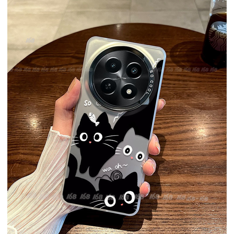 เคส Realme 12 13 Pro Plus 5G เคส Realme 12X 12+ 13 13+ 12 Plus 5G เคสน่ารักแมวสีดําสไตล์กันกระแทกด้านแข็งเคสโทรศัพท์ IMD ชุบปุ่มโทรศัพท์ฝาครอบโทรศัพท์