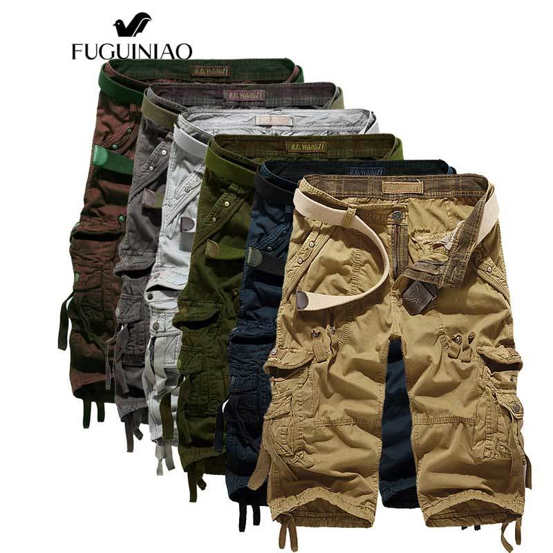ฟูเกียว กางเกงทํางานหลายกระเป๋าทรงหลวมสําหรับผู้ชายล้างกางเกงเจ็ดส่วนทรงหลวม