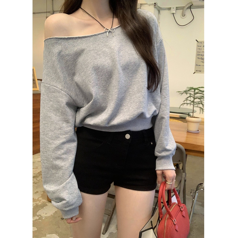 รางวัลขาย/แบนคอเอียงไหล่ที่ไม่มีสายหนังรอบคอหลวมแขนยาวเสื้อยืดผู้หญิงฤดูใบไม้ร่วงสไตล์ใหม่สั้นด้านบนแขนยาวมหาวิทยาลัย ที