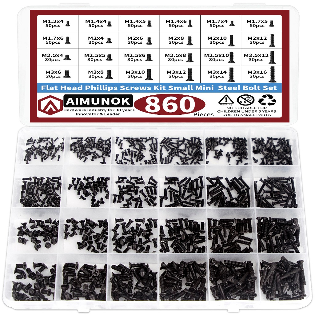 ชุดสกรูแฉกหัวแบน Countersunk M1.2‐M3 สลักเกลียวเหล็กขนาดเล็กสําหรับซ่อมแล็ปท็อปคอมพิวเตอร์ 860 ชิ้น