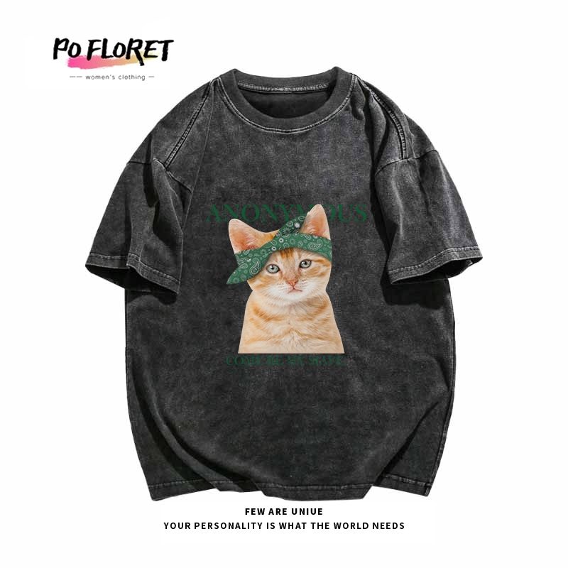 Pofloret เสื้อยืดฟอก เสื้อลายแมว oversize ผ้าคอตตอน โอเวอร์ไซซ์ สีดําเข้ม สไตล์ฮิปฮอป เรโทร #T1540