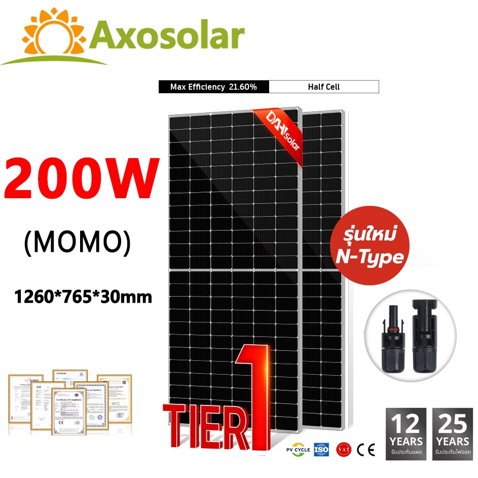【รับประกัน 10 ปี】แผงโซล่าเซลล์ 200W Monocrystalline แผงโซล่า แผงพลังงานแสงอาทิตย์ พร้อมตัวเชื่อมต่อ MC4