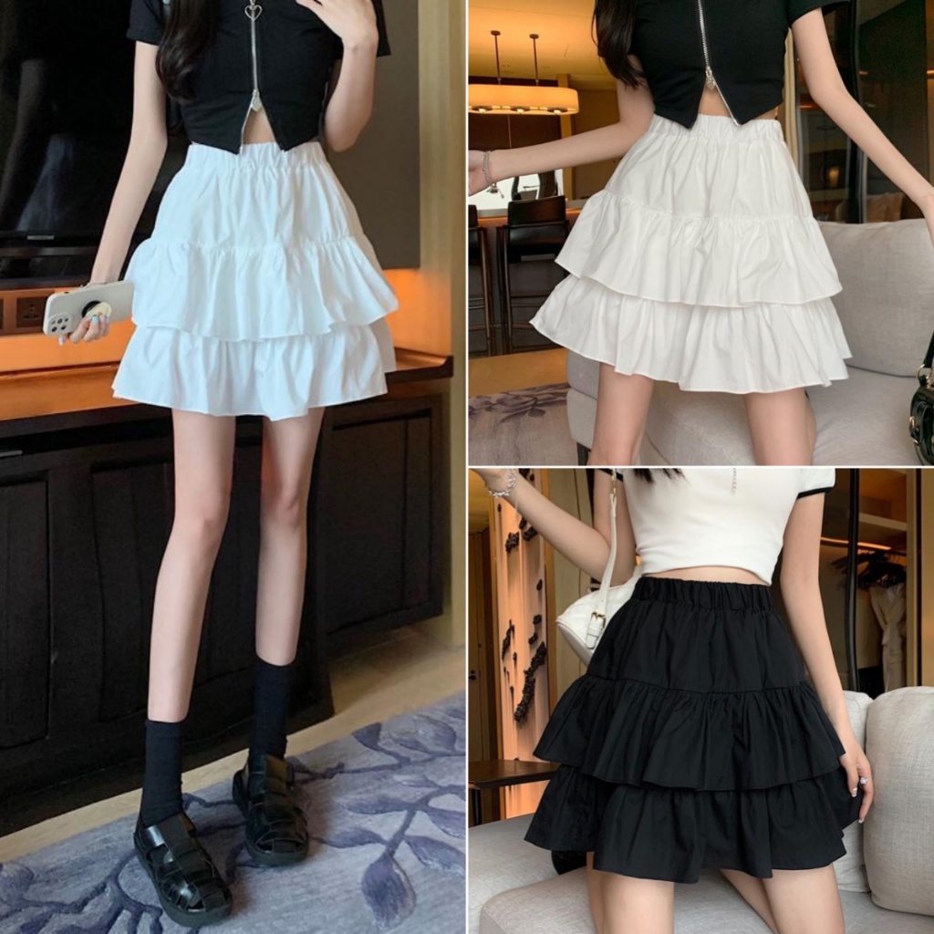 Betty house🌸พร้อมส่ง กระโปรงสั้น y2k กระโปรงมินิ เอวสูง ทรงเอ เซ็กซี่ สีพื้น สไตล์ลำลอง（ขาว/ดํา）