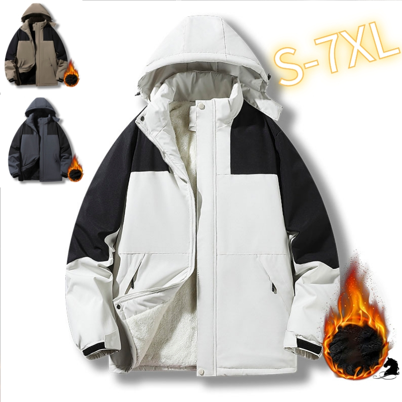 S-7xl Cold-Resistant Warm Plus ขนาดขนแกะผ้าฝ้ายเบาะอินเทรนด์หนา Hooded Windproof กันน้ําฤดูหนาวผู้ชาย