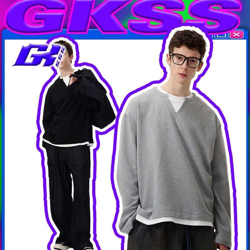 GKSSS เสื้อยืดแขนยาวผู้ชายของปลอมสองชิ้นเสื้อทรงหลวมสไตล์เกาหลีสีทึบ