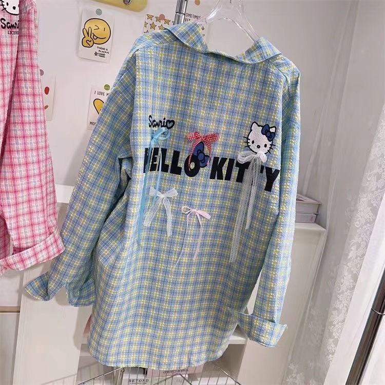 สไตล์เกาหลีผู้หญิงสุภาพสตรีหลวมวินเทจลายสก๊อตเสื้อแขนยาวเสื้อ