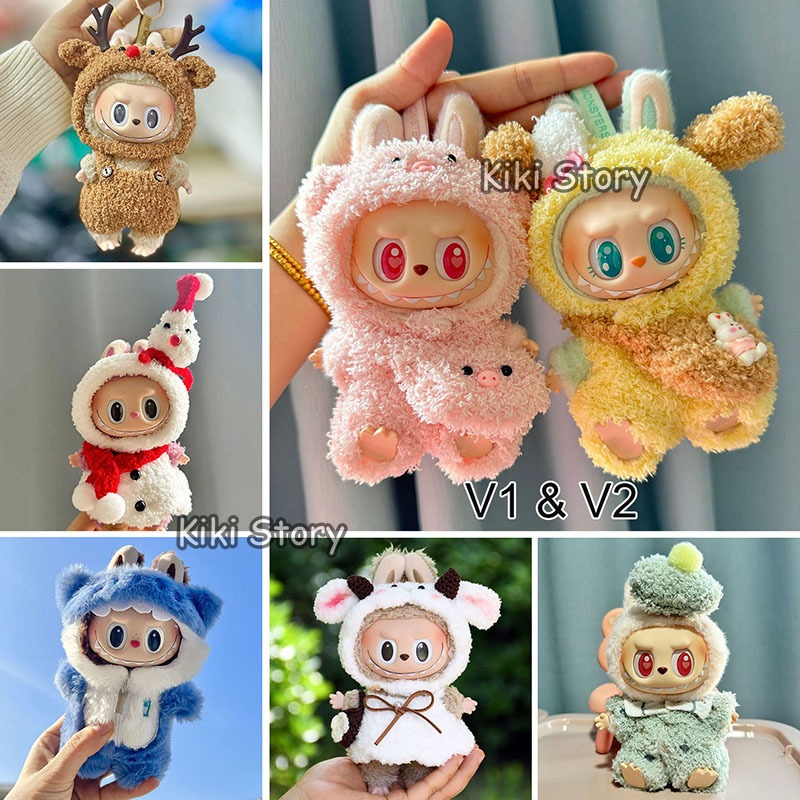 ใหม่ LABUBU V2 เสื้อผ้าคริสต์มาส Snowman jumpsuit Lamb Hat รองเท้าผ้าใบ 17 ซม. LABUBU Macarons ตุ๊กตาอุปกรณ์เสริม
