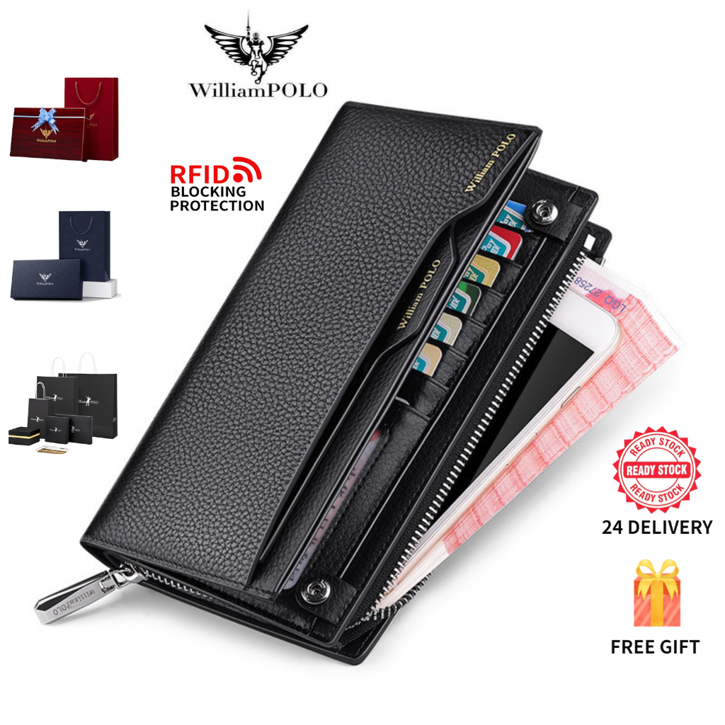 WilliamPOLO กระเป๋าสตางค์ผู้ชายหนังแท้ แบบยาว ป้องกัน RFID หลายฟังก์ชัน สล็อตบัตร Genuine leather men's wallet Multifunctional long wallet Anti-theft card holder