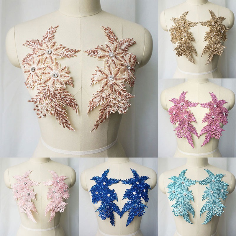 1 คู่ Rhinestones เลื่อมปักลูกไม้ Applique เย็บดอกไม้ผ้า Patch สําหรับงานแต่งงานชุดเจ้าสาวเสื้อผ้า DIY หัตถกรรม