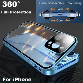 360 เคสโทรศัพท์โลหะแม่เหล็กสําหรับ iphone 14 15 16 PRO MAX Plus 13 12 17 PRO MAX กระจกสองด้าน