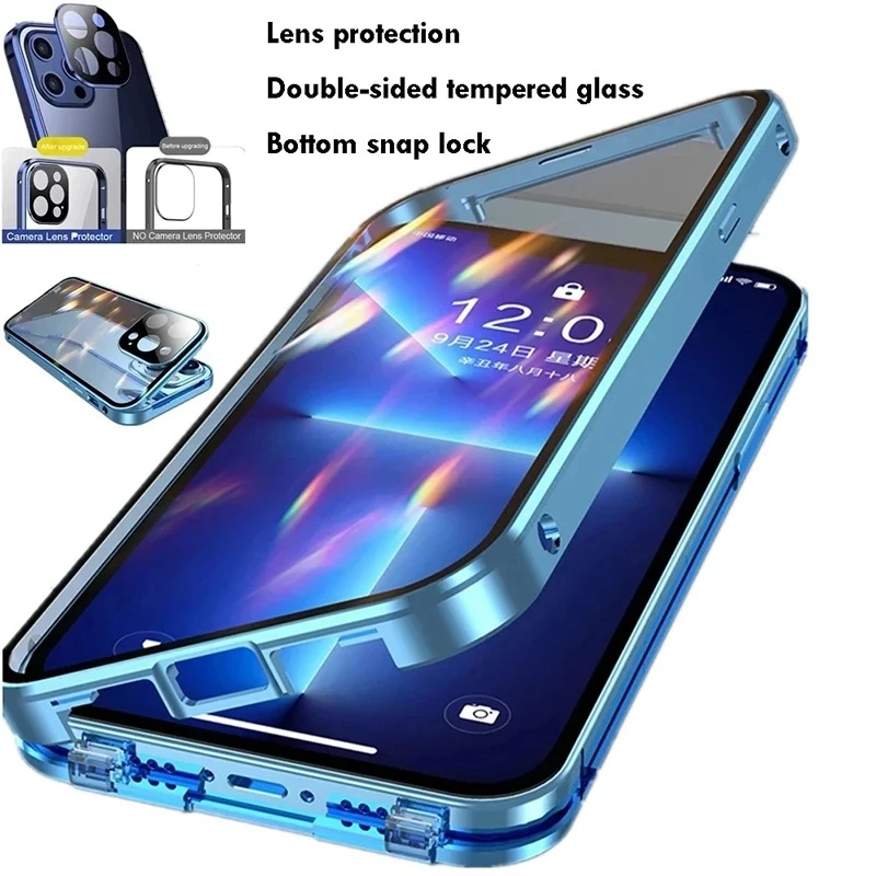 360 เคสโทรศัพท์โลหะแม่เหล็กสําหรับ iphone 14 15 16 PRO MAX Plus 13 12 17 PRO MAX กระจกสองด้าน