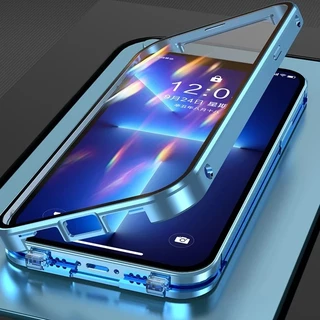 360 เคสโทรศัพท์โลหะแม่เหล็กสําหรับ iphone 14 15 16 PRO MAX Plus 13 12 17 PRO MAX กระจกสองด้าน