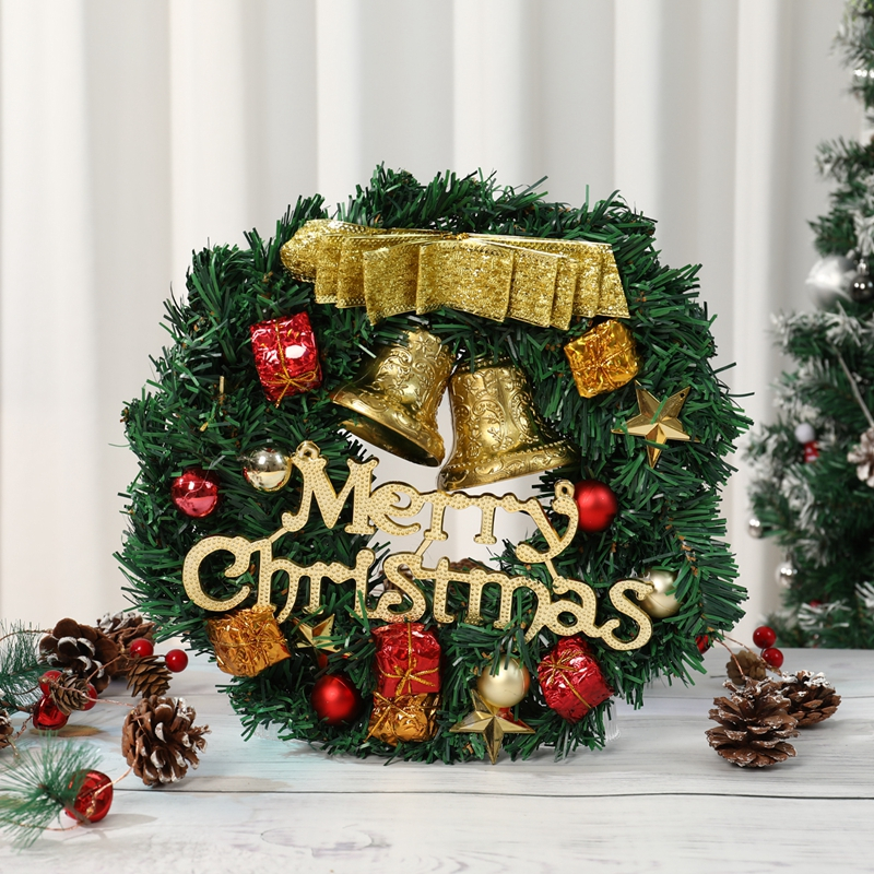 30 ซม.* 30 ซม.พวงหรีดคริสต์มาส Gold Bow Bell Garland ประตูตกแต่งบ้านคริสต์มาสตกแต่งปีใหม่ 2025