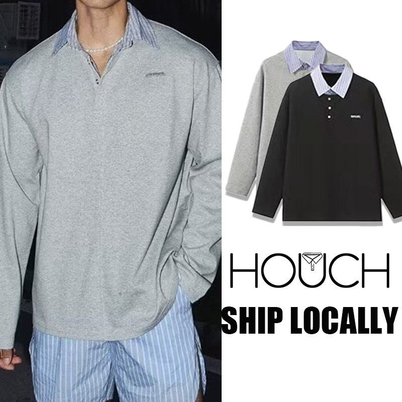 Houch พร้อมส่ง COD เกาหลีสบายๆปลอมสองชิ้นสีเทาปกเสื้อโปโล